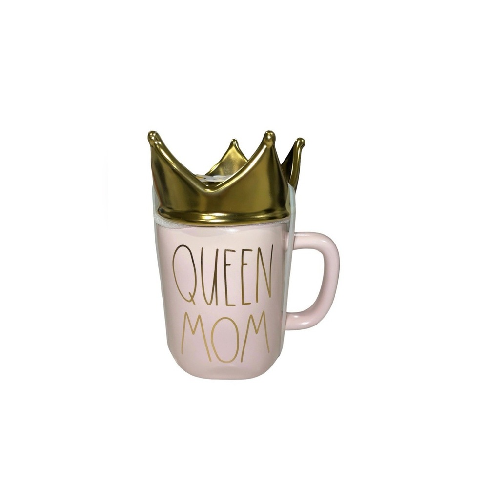 RAE DUNN QUEEN MOM Pink & Gold Crown Topper Mug Set 2 Piece NEW